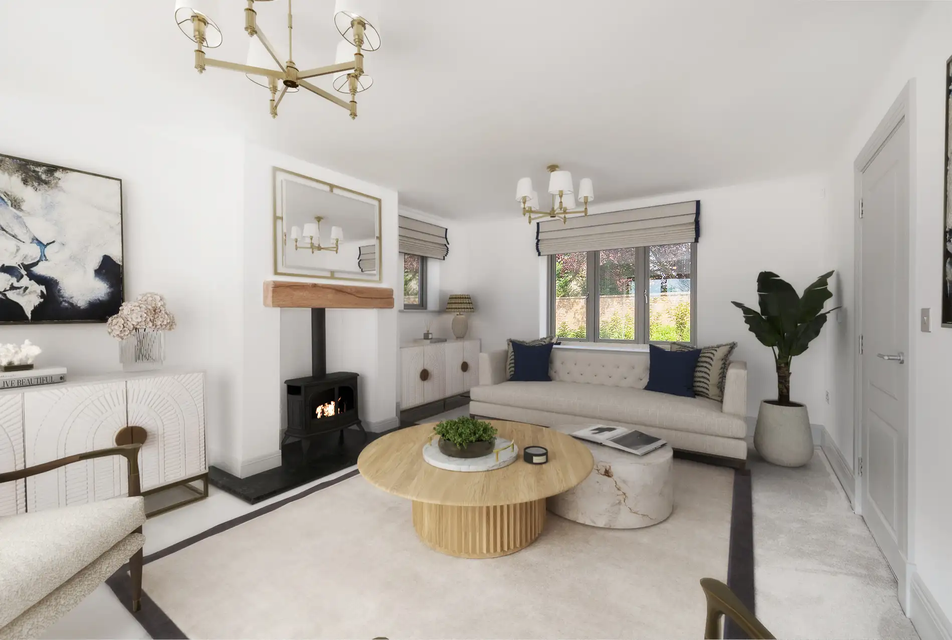 Living room with central fireplace and triple grey windows