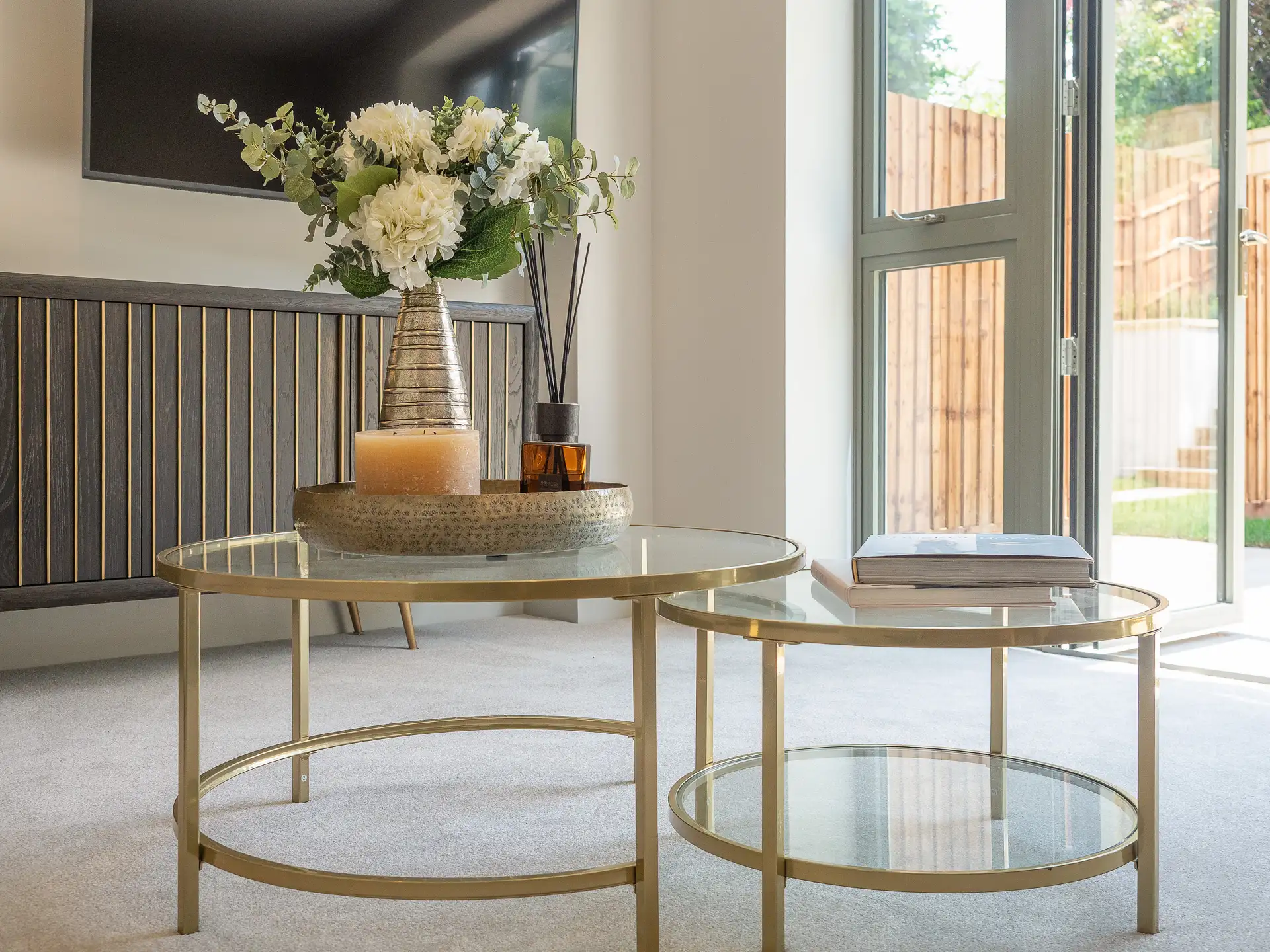 Glass coffee tables and patio door