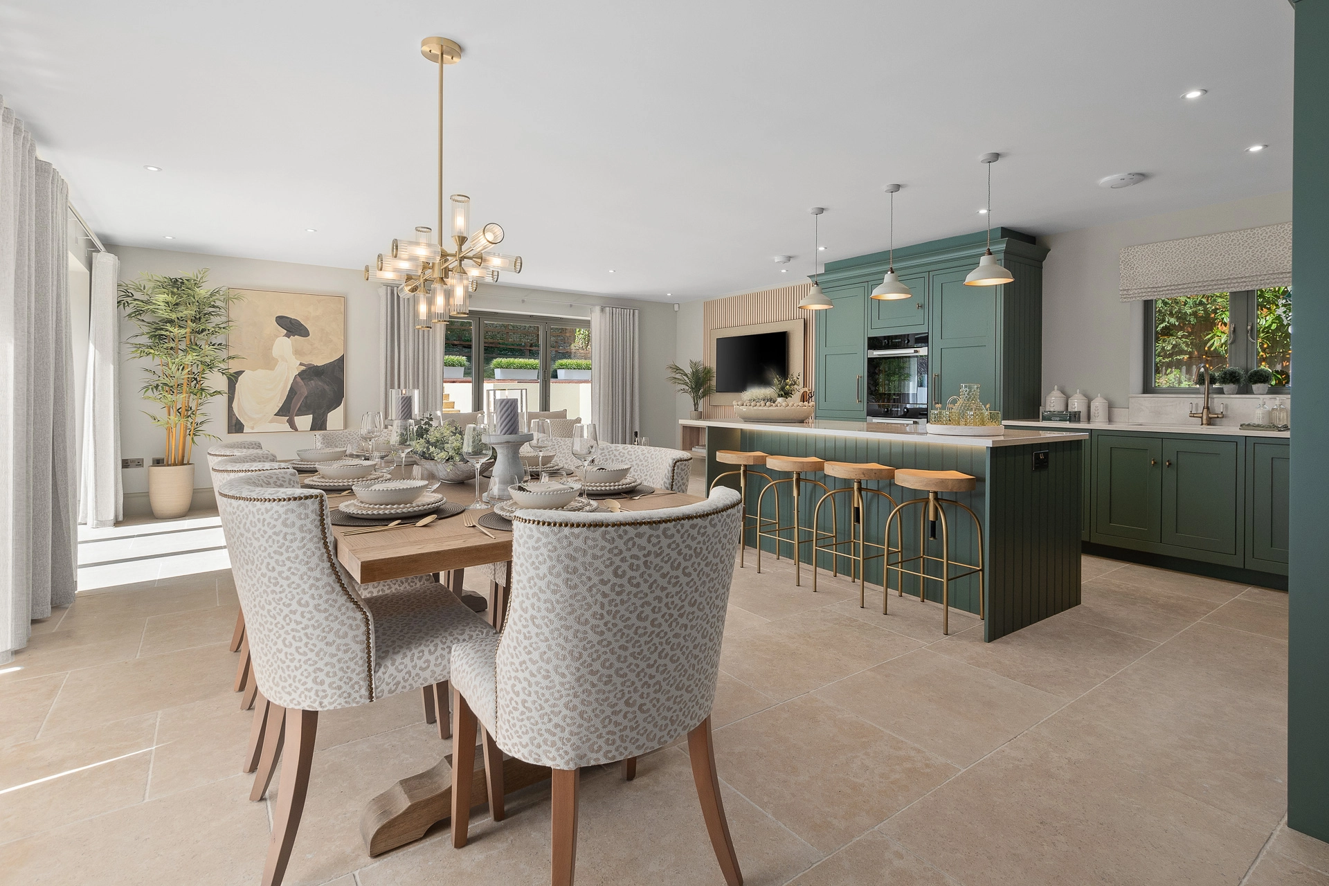 Green open plan kitchen, dining and living room with leopard print dining chairs