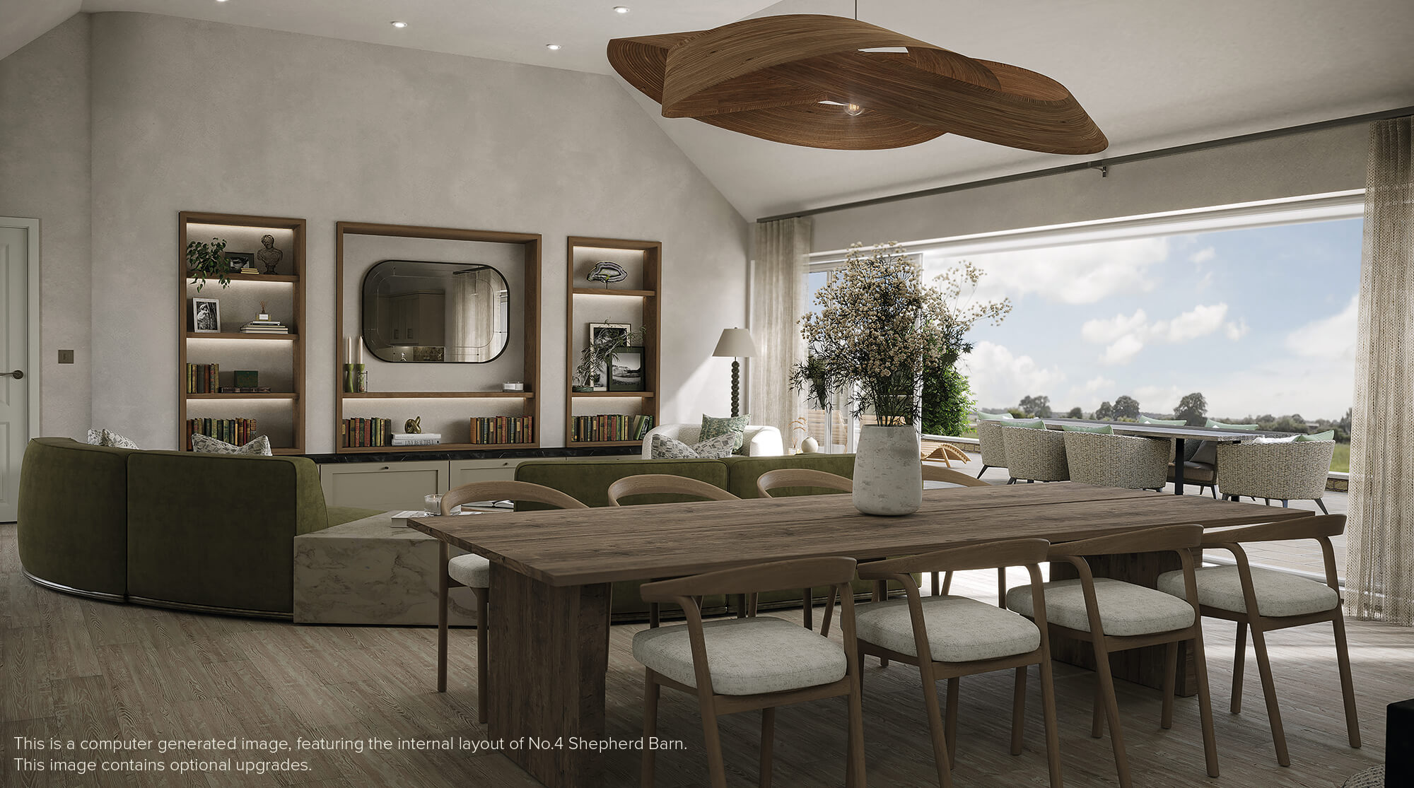 Open plan living space with large 8 seat dining table and statement lapshade