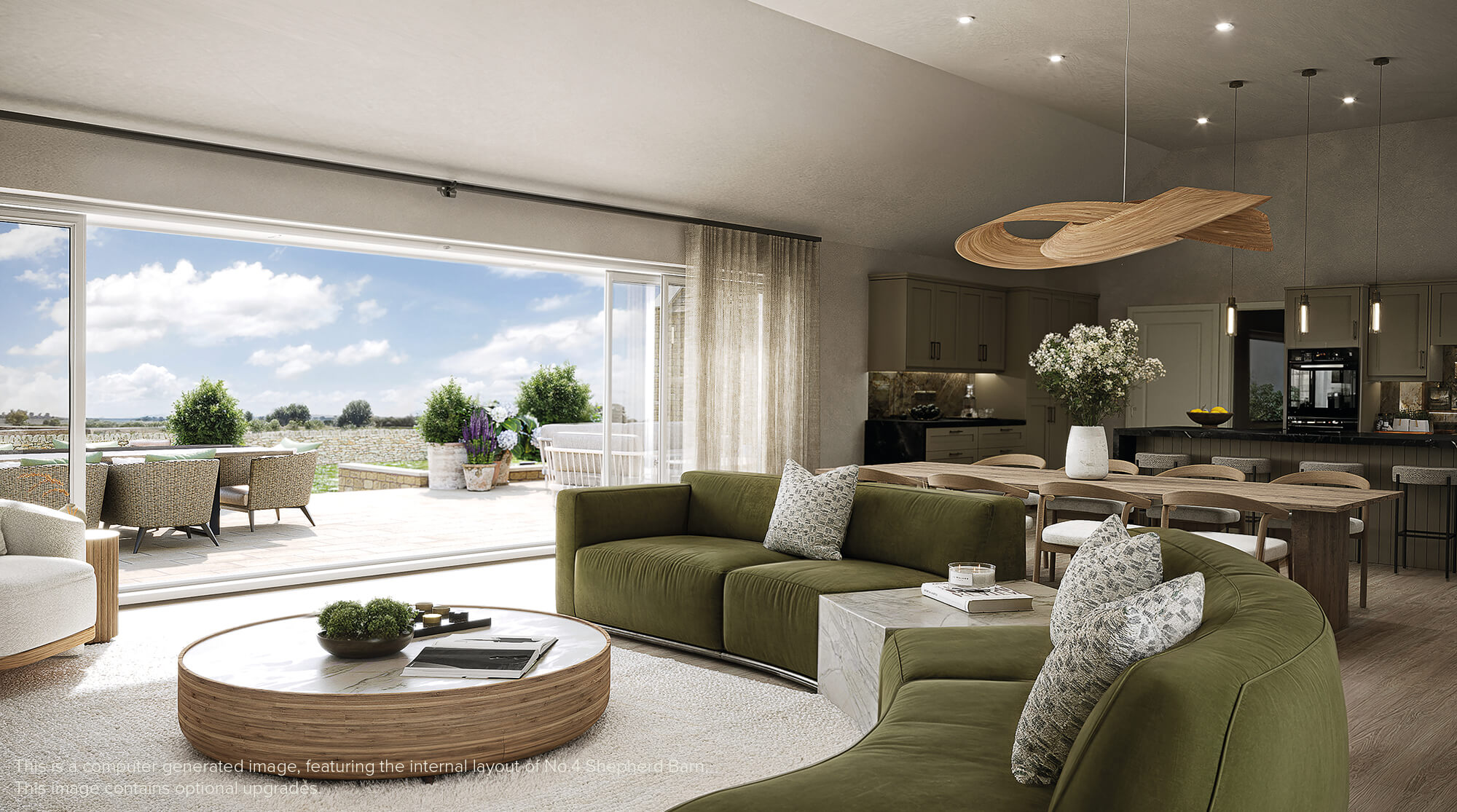 Open plan living with double doors opening into the garden with green rounded sofa