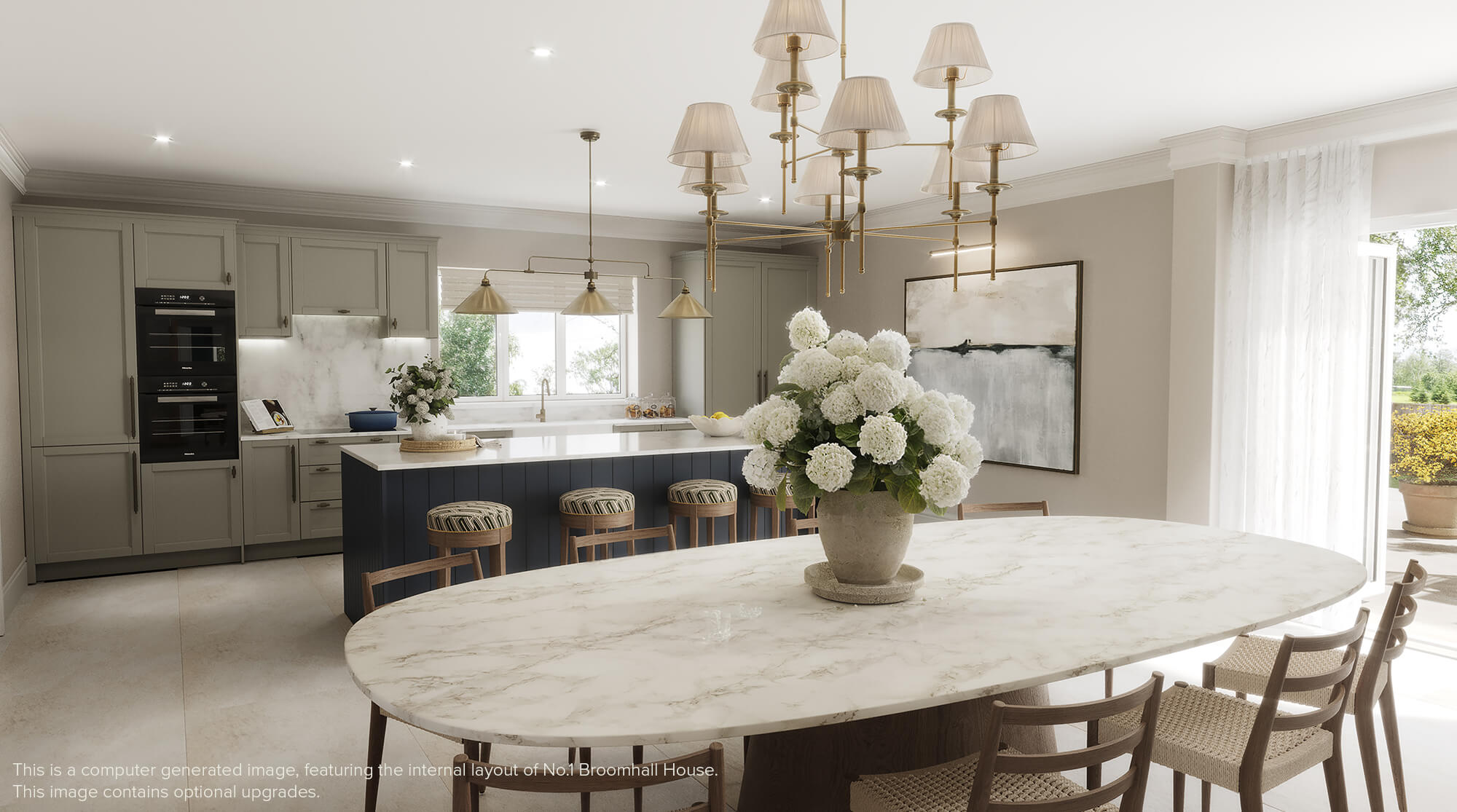 Open plan kitchen diner with grey cupboards and large dining table with flowers on top