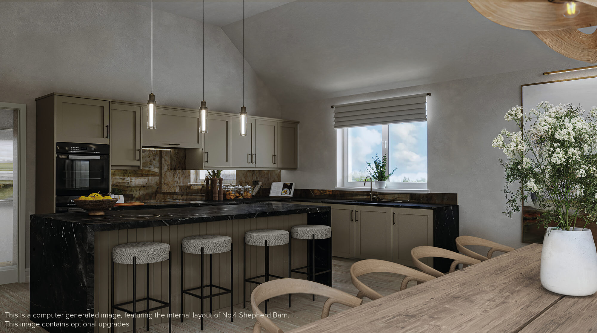 Open plan kitchen diner with island in the middle and bar stools