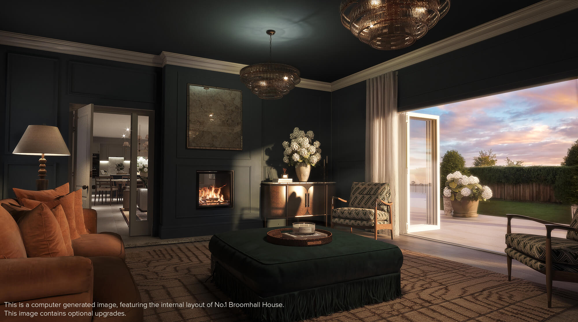 Living room with double doors opening into the garden and a green foot stool