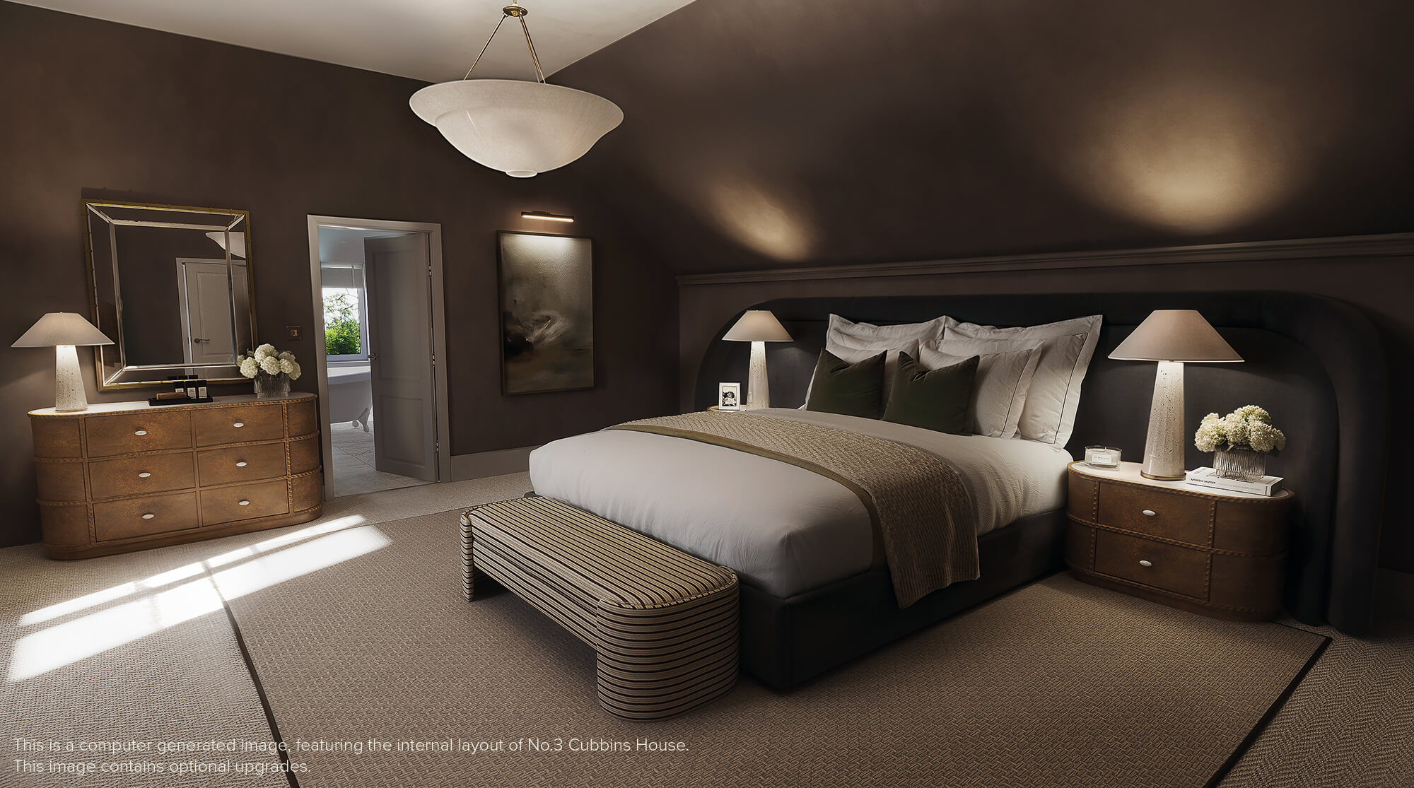 Grey bedroom with a large bed, side tables and art on the wall
