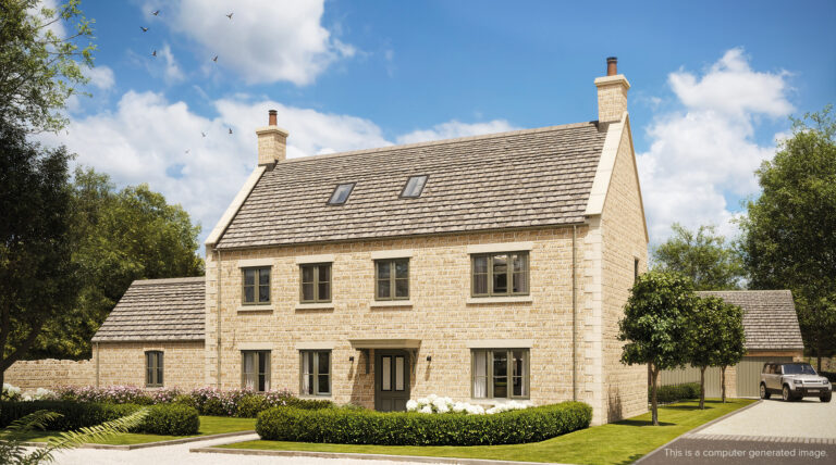The front of a large home with greenery out the front and 2 chimneys