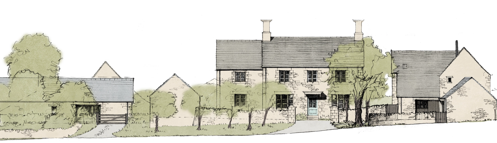 Drawing of a home with trees in front